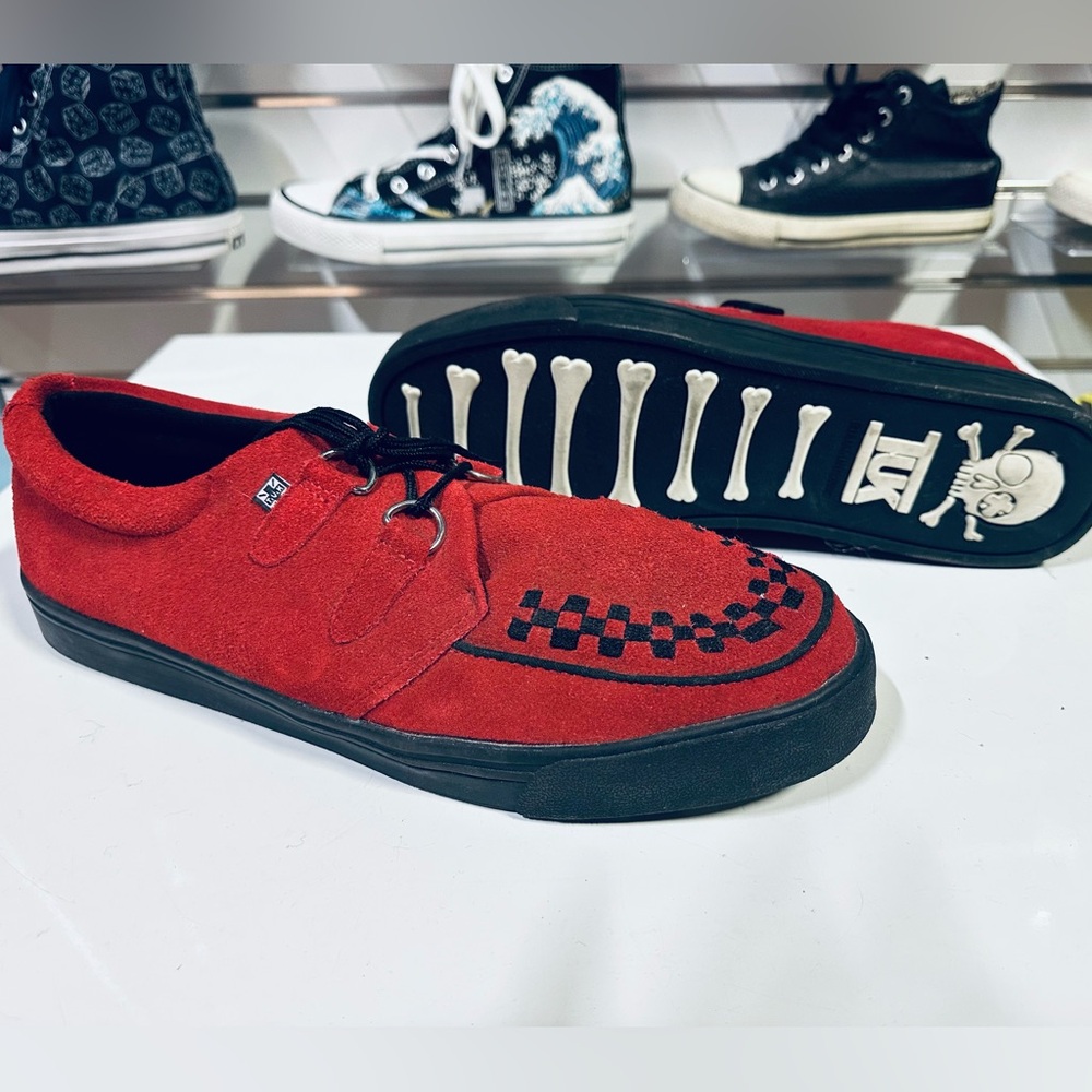TUK Red Suede Mondo CREEPERS with Black Platform Bones Sole